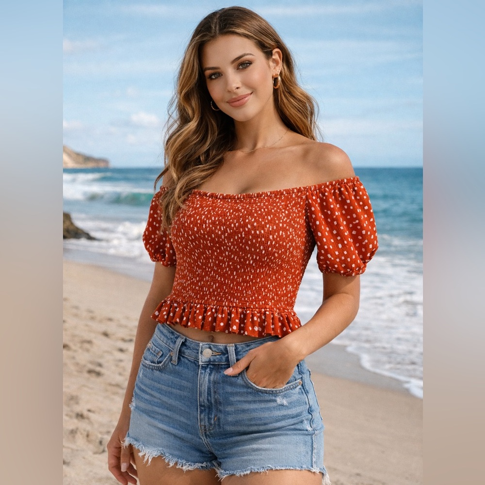 ✨ Roxy Smocked Crop Top | Off Shoulder | Rust Polka Dot | Size XL ✨